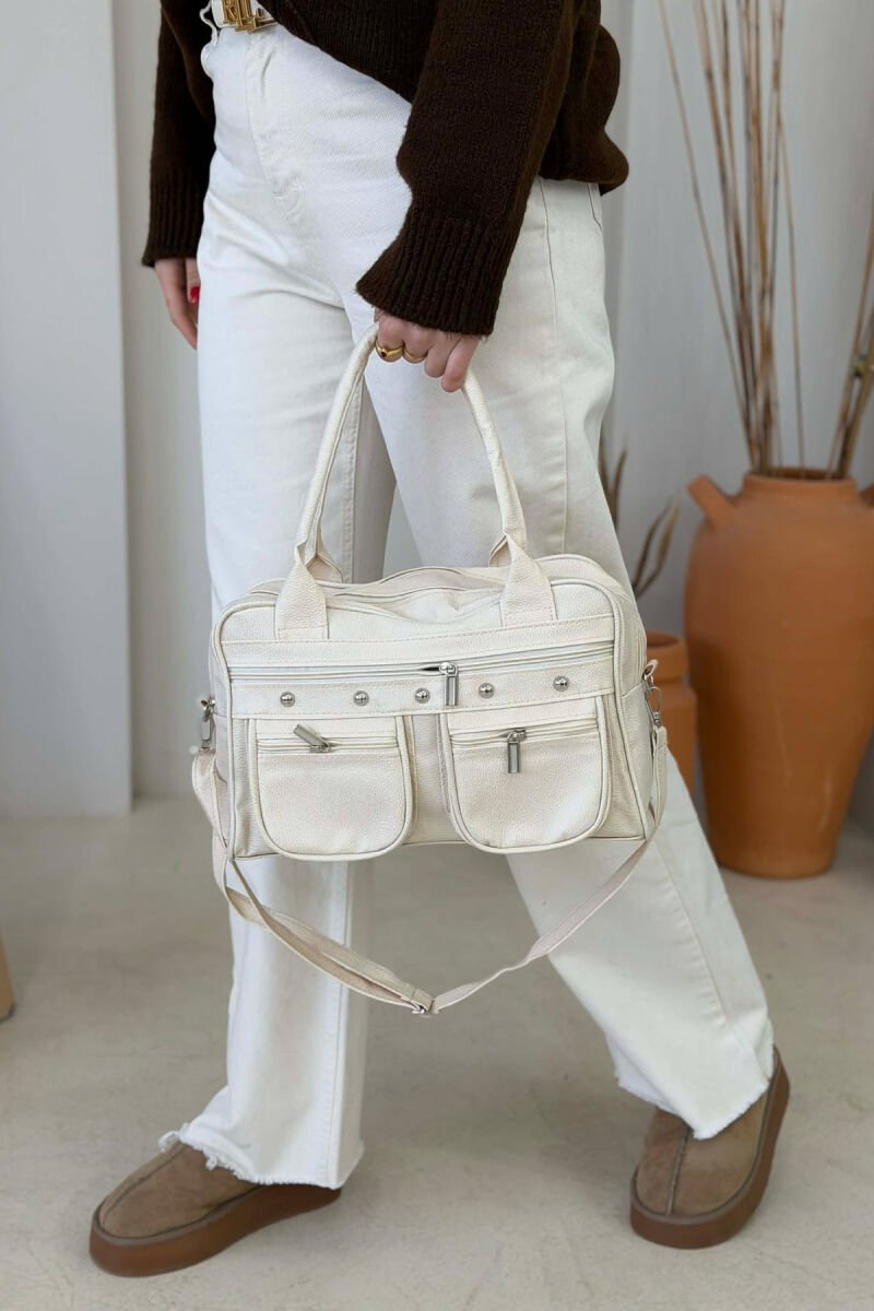 LEATHER FRONT POCKETS WOMAN BAG CREAM/KREM - 1