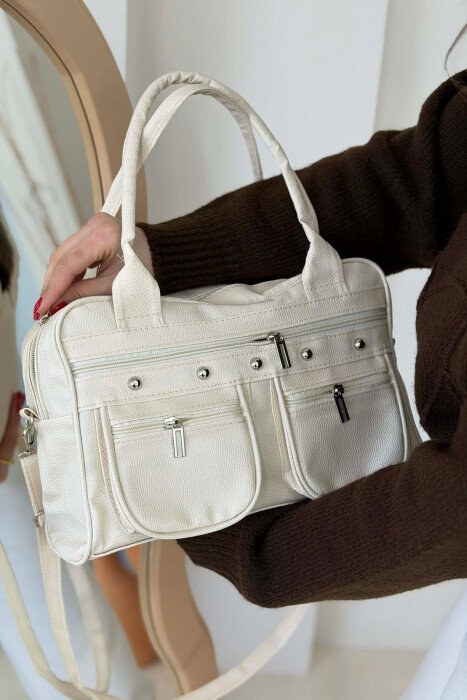 LEATHER FRONT POCKETS WOMAN BAG CREAM/KREM - 2