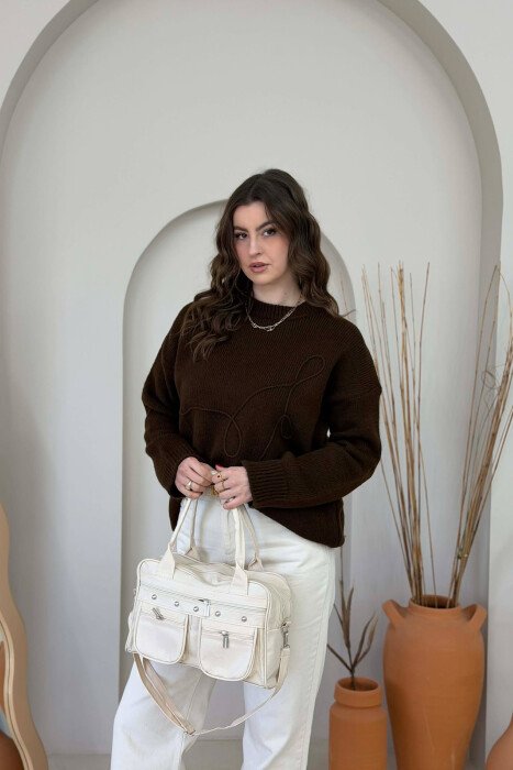 LEATHER FRONT POCKETS WOMAN BAG CREAM/KREM - 4