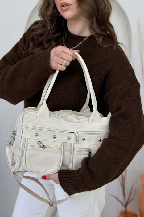 LEATHER FRONT POCKETS WOMAN BAG CREAM/KREM - 5