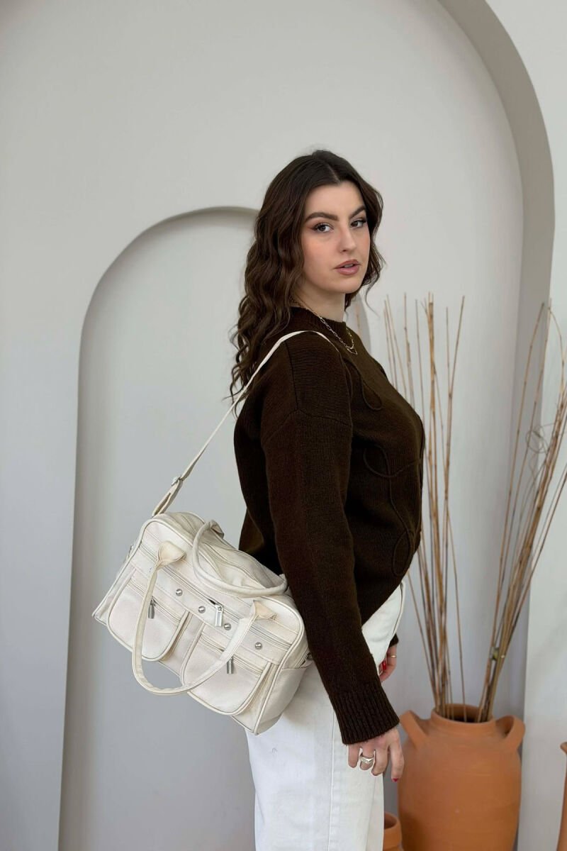 LEATHER FRONT POCKETS WOMAN BAG CREAM/KREM - 6