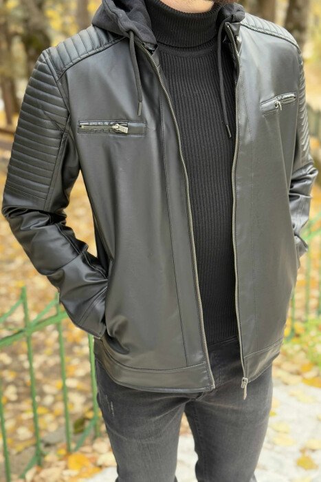 XHAKETË NJË NGJYRËSHE LËKURE ME KAPUÇ PËR MESHKUJ NË NGJYRË TË ZEZË - KLAUDIO FASHION