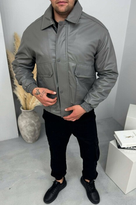 LEATHER ONE COLOR FRONT POCKETS MEN JACKET GREY/GRI - KLAUDIO FASHION