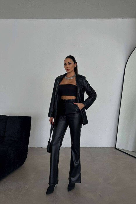 LEATHER ONE COLOR JACKET+TROUSERS WOMEN SET BLACK/ E ZEZE - KLAUDIO FASHION