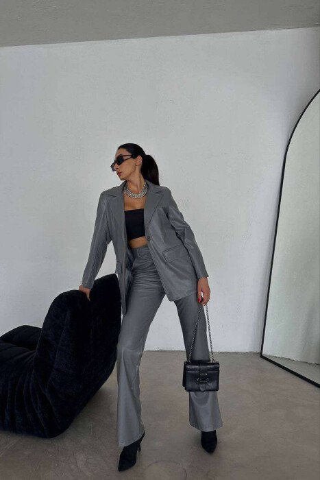 LEATHER ONE COLOR JACKET+TROUSERS WOMEN SET GREY/GRI - KLAUDIO FASHION