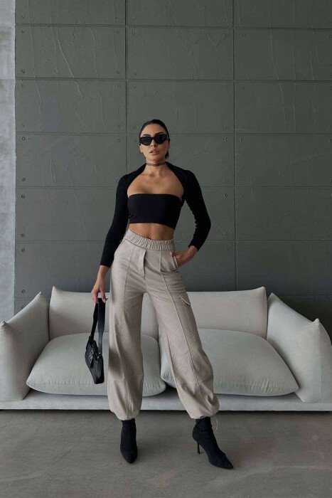 LEATHER ONE COLOR WOMAN TROUSERS BEIGE/BEZHE - 4