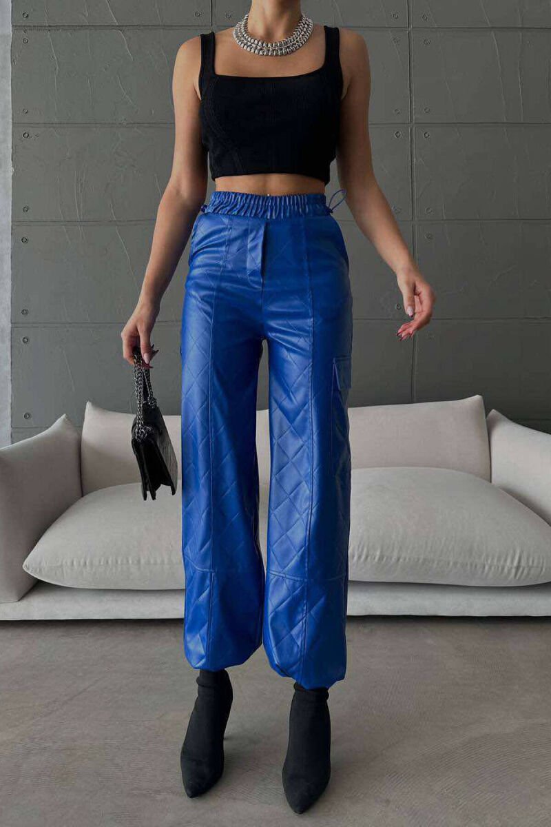 LEATHER ONE COLOR WOMAN TROUSERS BLUE/BLU - 3
