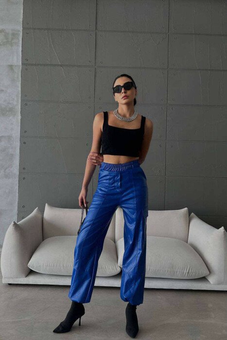 LEATHER ONE COLOR WOMAN TROUSERS BLUE/BLU - 5