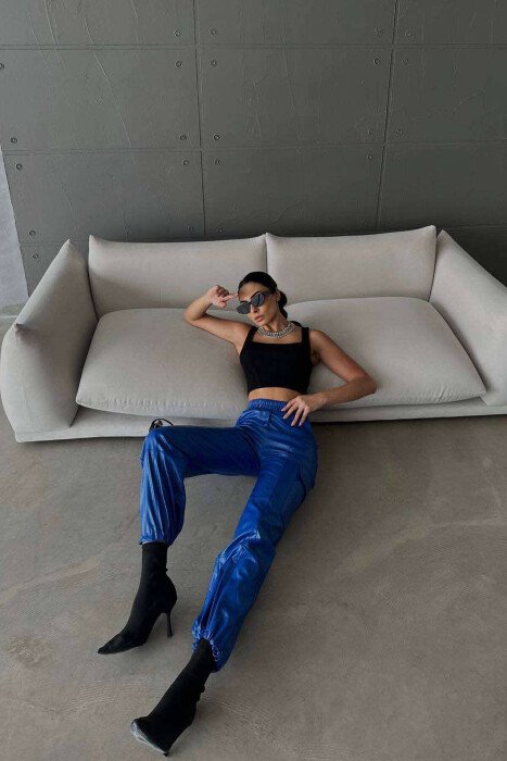 LEATHER ONE COLOR WOMAN TROUSERS BLUE/BLU - 8