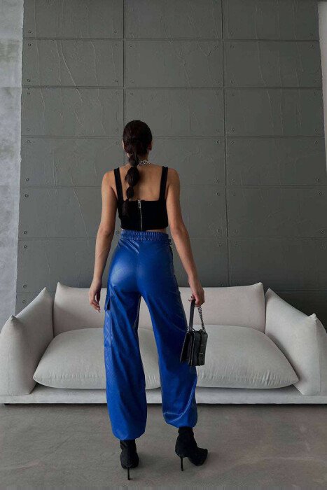 LEATHER ONE COLOR WOMAN TROUSERS BLUE/BLU - 9
