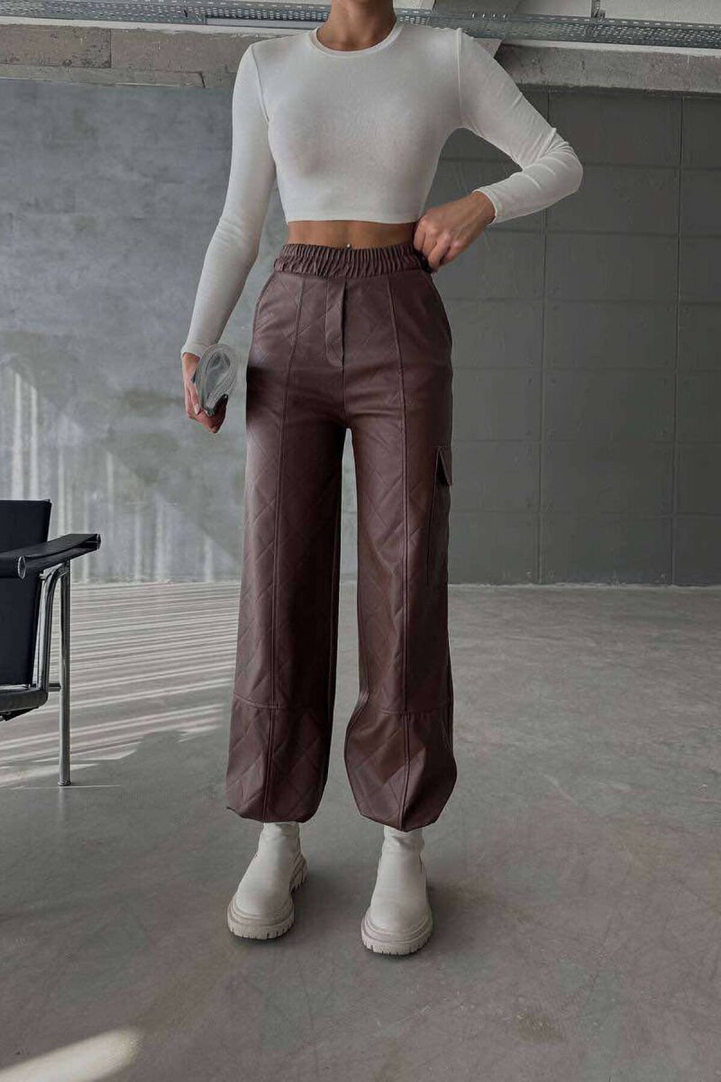 LEATHER ONE COLOR WOMAN TROUSERS BROWN/KAFE - 3