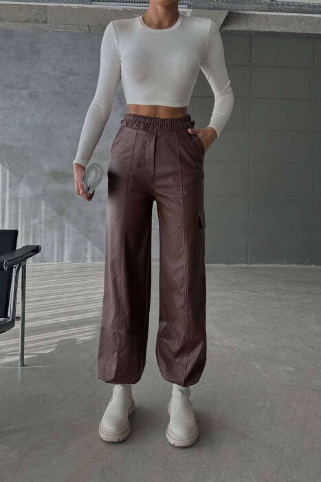 LEATHER ONE COLOR WOMAN TROUSERS BROWN/KAFE - 4
