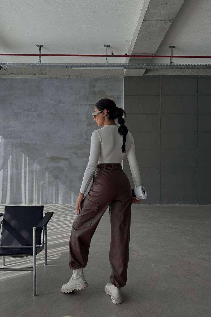 LEATHER ONE COLOR WOMAN TROUSERS BROWN/KAFE - 5