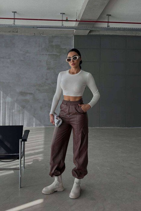 LEATHER ONE COLOR WOMAN TROUSERS BROWN/KAFE - 7