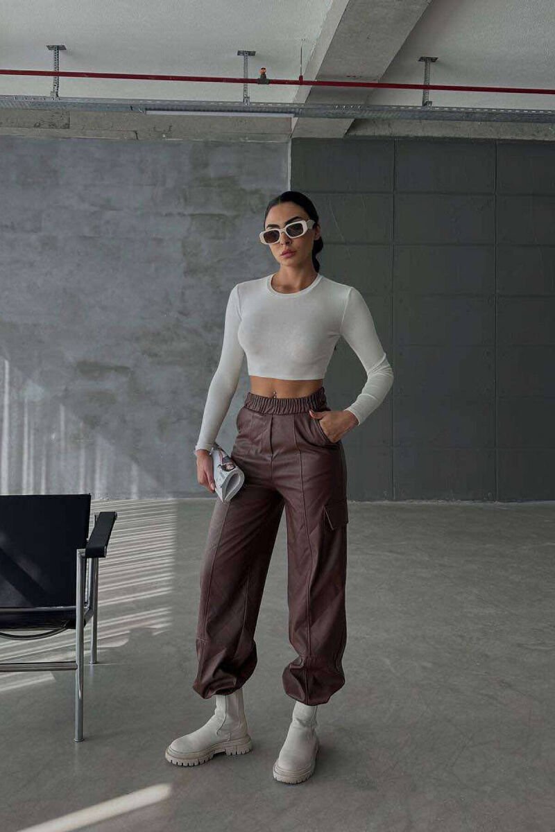 LEATHER ONE COLOR WOMAN TROUSERS BROWN/KAFE - 7