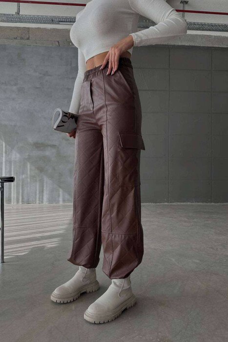 LEATHER ONE COLOR WOMAN TROUSERS BROWN/KAFE - 10