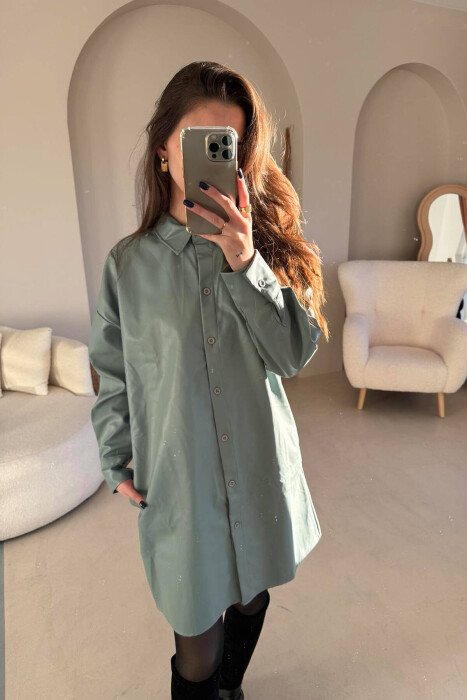 LEATHER POLO NECK BELTED DRESS MINT/MENTE - KLAUDIO FASHION