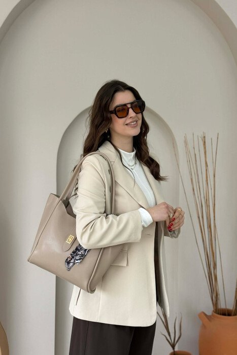LEATHER SCARF DETAIL WOMEN BAG BEIGE/BEZHE - 4