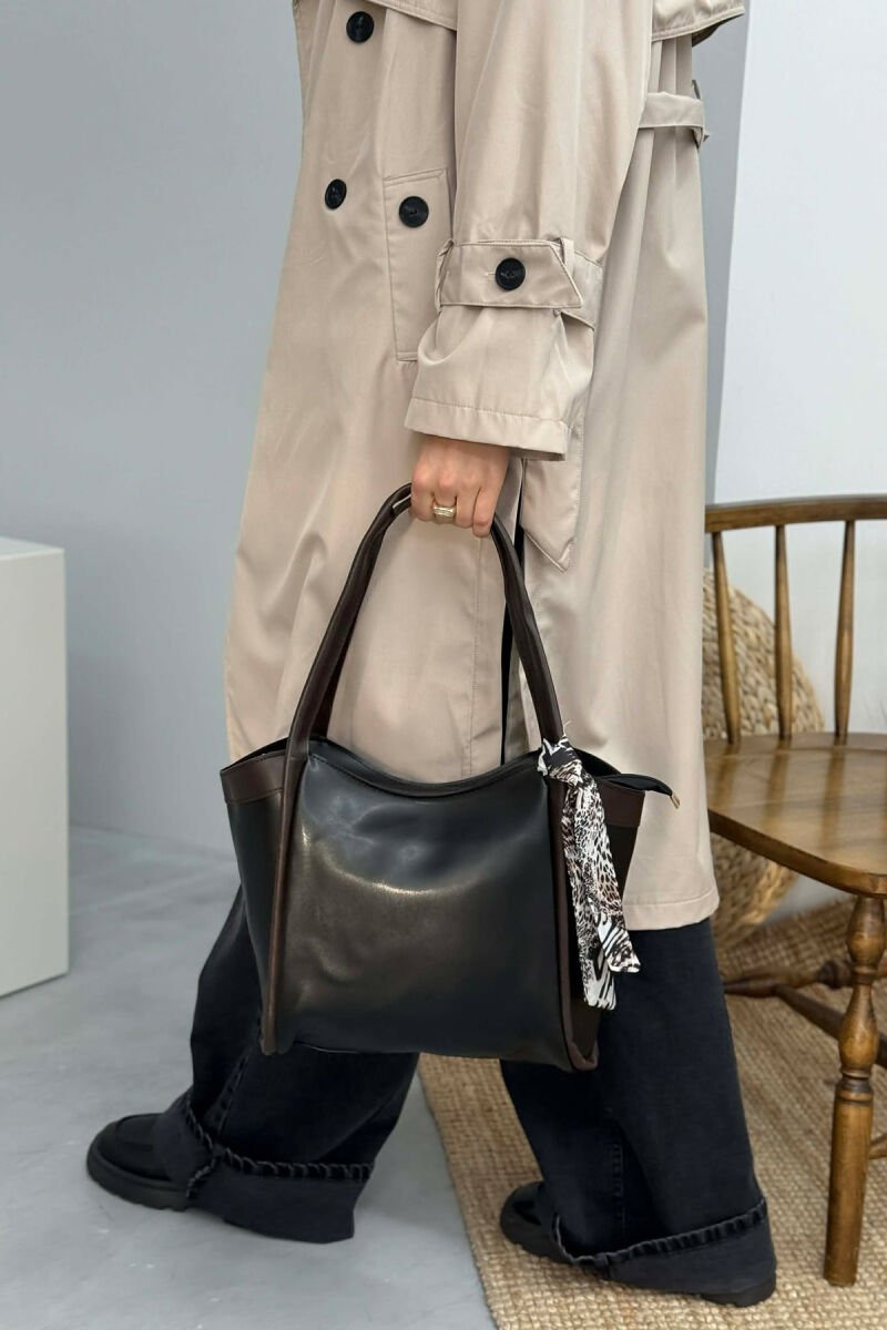 LEATHER SCARF DETAIL WOMEN BAG BLACK-BROWN/ZEKA - 2