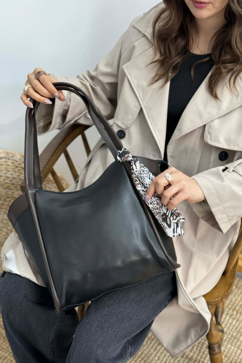 LEATHER SCARF DETAIL WOMEN BAG BLACK-BROWN/ZEKA - 4