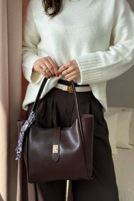 LEATHER SCARF DETAIL WOMEN BAG BROWN/KAFE - 2