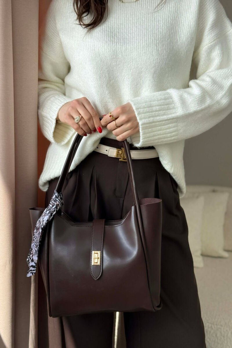 LEATHER SCARF DETAIL WOMEN BAG BROWN/KAFE - 2