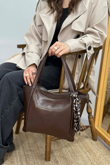 LEATHER SCARF DETAIL WOMEN BAG BROWN/KAFE - 5