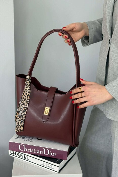 LEATHER SCARF DETAIL WOMEN BAG BURGUNDY/VISHNJE - KLAUDIO FASHION