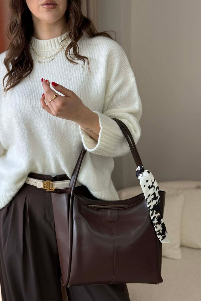 LEATHER SCARF DETAIL WOMEN BAG DARK BROWN/KAE - 4