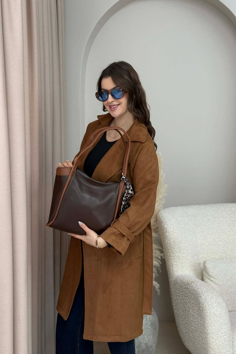 LEATHER SCARF DETAIL WOMEN BAG DARK BROWN/KAFE ERRET - 3