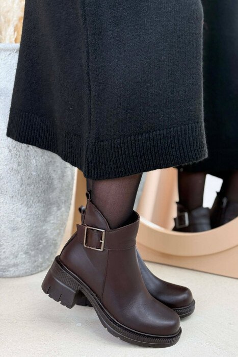 LEATHER SIDE ZIPPER WOMEN ANKLE BOOTS BROWN/KAFE - KLAUDIO FASHION