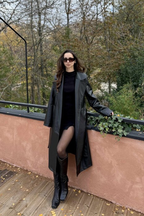 ONE COLOR LEATHER WOMEN COAT BLACK/ E ZEZE - KLAUDIO FASHION