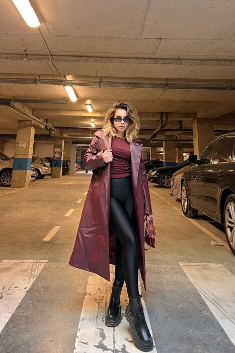 ONE COLOR LEATHER WOMEN COAT BURGUNDY/VISHNJE - 2