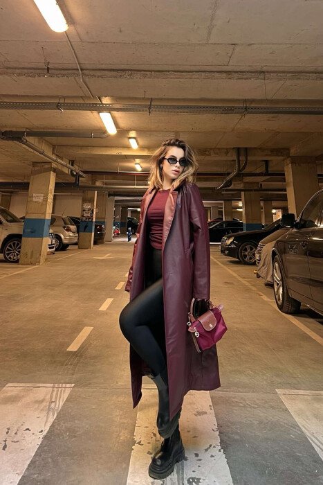 ONE COLOR LEATHER WOMEN COAT BURGUNDY/VISHNJE - 3