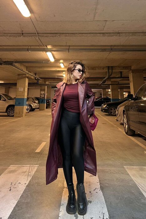 ONE COLOR LEATHER WOMEN COAT BURGUNDY/VISHNJE - 4