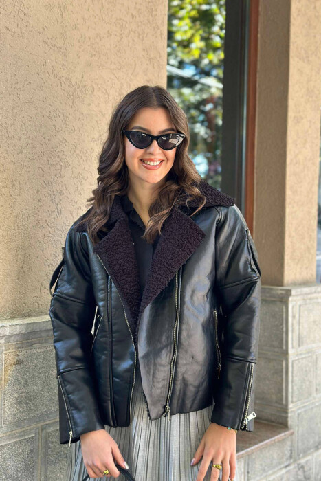 LEATHER ZIPPED WOMEN JACKET BLACK/ E ZEZE - 3