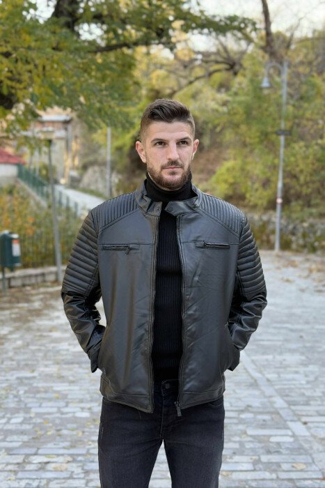 LEATHER ZIPPERS ONE COLOR MEN JACKET BLACK/ E ZEZE - 2