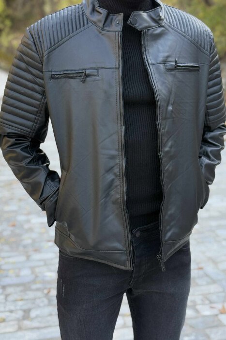 LEATHER ZIPPERS ONE COLOR MEN JACKET BLACK/ E ZEZE - 1