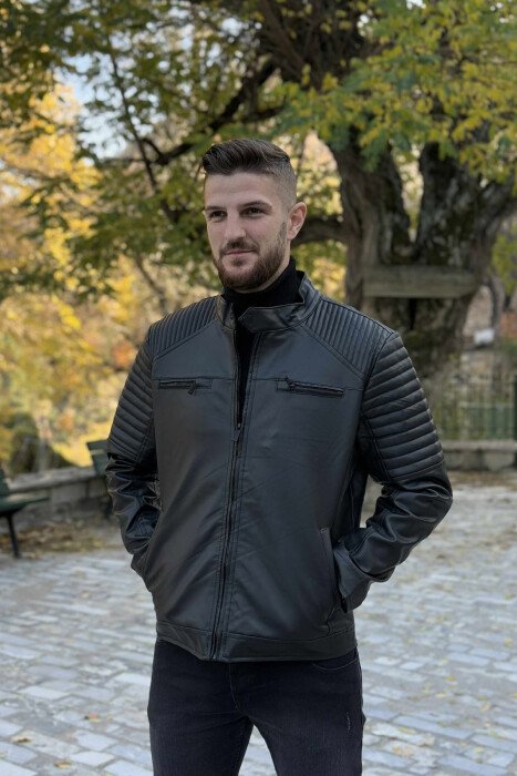 LEATHER ZIPPERS ONE COLOR MEN JACKET BLACK/ E ZEZE - 3