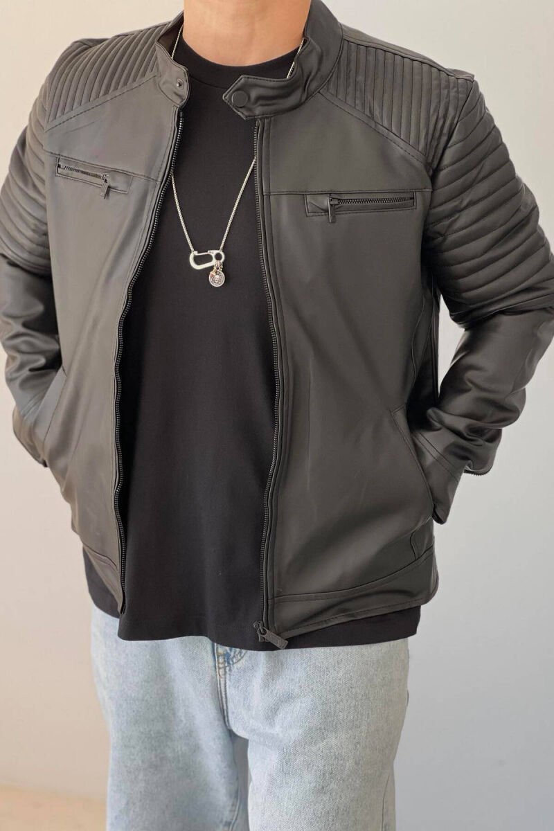 LEATHER ZIPPERS ONE COLOR MEN JACKET BLACK/ E ZEZE - 6