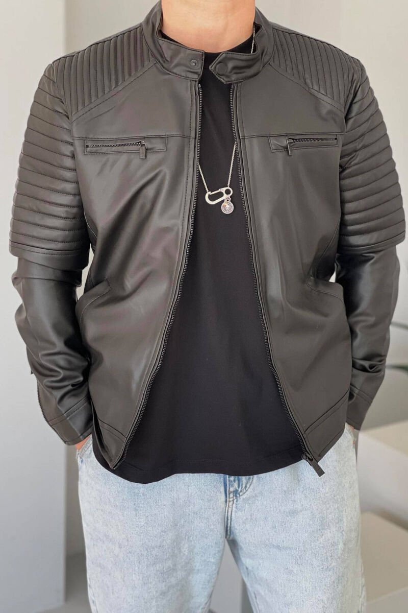 LEATHER ZIPPERS ONE COLOR MEN JACKET BLACK/ E ZEZE - 7