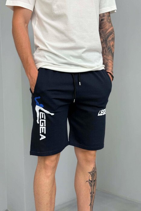 LEGA WRITTING ZIPPER POCKETS MEN SHORT SWEATPANTS DARK BLUE/BEE - 2