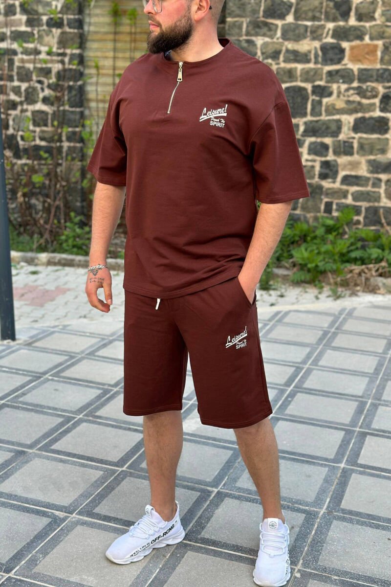 LEISURE ZIPPER ONE COLOR MEN SWEATSUIT SET BROWN/KAFE - 1