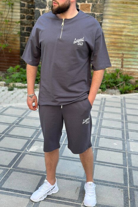 LEISURE ZIPPER ONE COLOR MEN SWEATSUIT SET DARK GREY/GEE - KLAUDIO FASHION