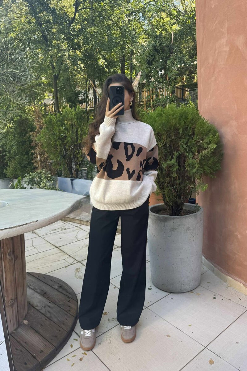 LEO DESIGN HIGH NECK SIMPLE WOMEN SWEATER LIGHT BEIGE/BZHZB - 4