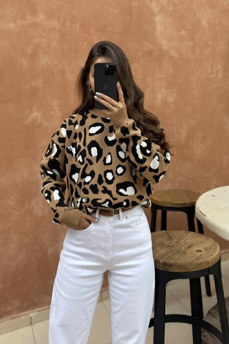 LEO DESIGN ROUND NECK WOMEN SWEATER BEIGE/BEZHE - 3