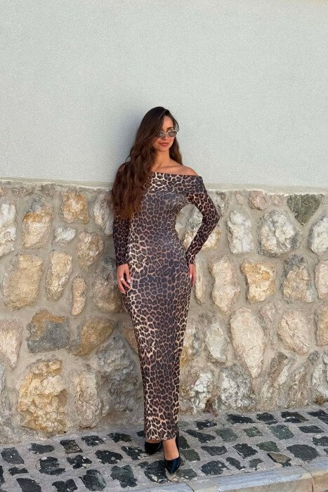 LEO DESIGN SHOULDERS OF LONG SLEEVE WOMAN DRESS LEO/LEOPARD - KLAUDIO FASHION