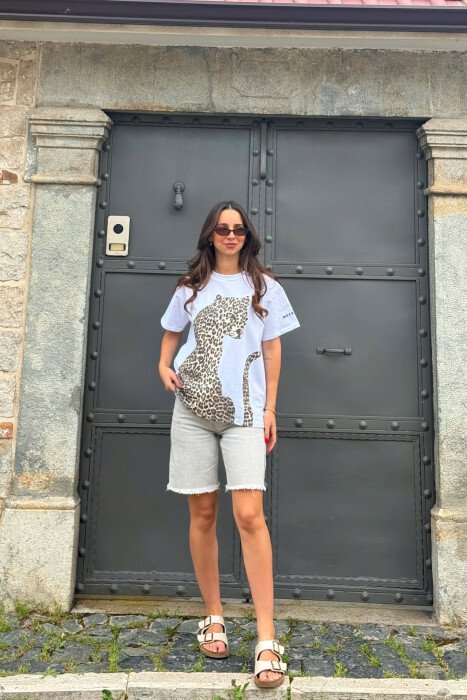 LEO FRONT DESIGN ROUND NECK WOMEN T-SHIRT WHITE-E BARDHE - 2