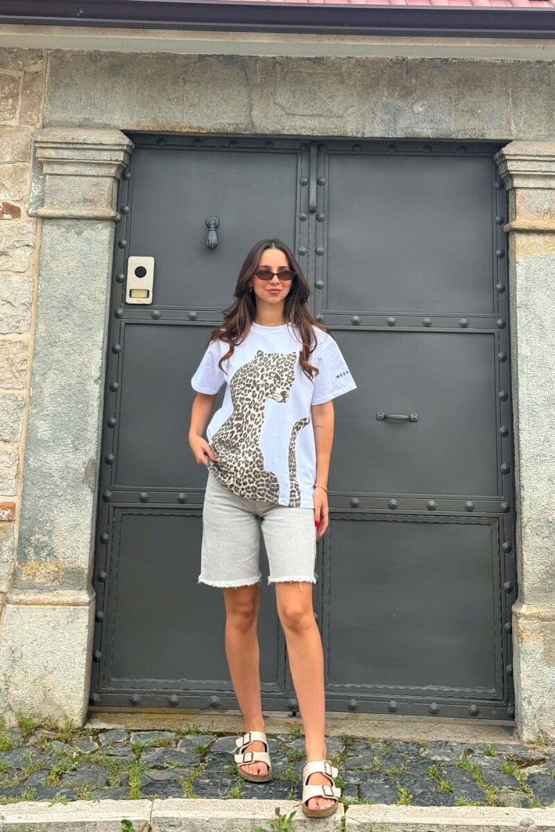 LEO FRONT DESIGN ROUND NECK WOMEN T-SHIRT WHITE-E BARDHE - 2