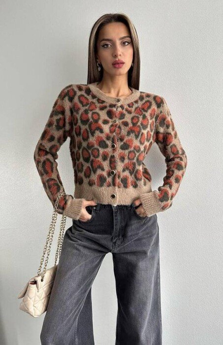 LEO PRINT DESIGHN WOMAN CARDIGAN KAFE - KLAUDIO FASHION